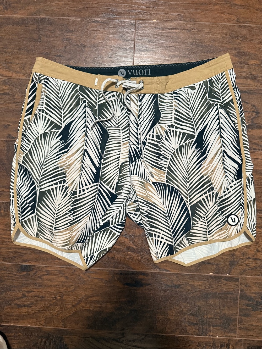 Vuori Men's Palm-Leaf Swim Shorts in Tan, Black, and White
